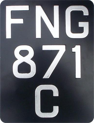 MoD 3 Line Metal Pressed Black & Silver Motorcycle Number plate (2 1/2'' & 1 3/4'' Digit Size) Sizes Available : (7 1/4'' x 9 1/2'') (7'' x 10 1/4'') (6 1/3'' x 9'') (5'' x 7'')
