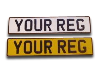 White & Yellow Reflective Aluminium Metal Pressed Number Plates with Black Digits in the New Charles Wright Font (3 1/8'' Digit Size) - (Oblong & Square Available)