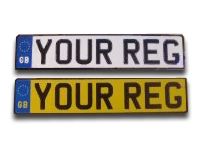 GB Flag White & Yellow Reflective Aluminium Metal Pressed Number Plates with Black Digits in the New Charles Wright Font (3 1/8'' Digit Size) - (Oblong & Square Available)