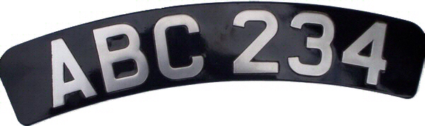 Curved Pressed Metal Black & Silver Motorcycle Number Plate with Polished Silver Digits (1 3/4'' Digit Size)  Sizes Available: 10 1/2'' x 2 1/2'' & 12'' x 2 1/2''