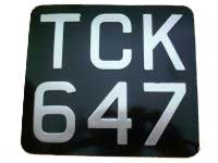 Black & Silver Metal Pressed Motorcycle Number Plate (2 1/2'' Digit Size) Sizes Available: (9'' x 6'') (6 1/2'' x 6 1/2'') (7'' x 6 1/2'') (7 1/2'' x 6'') (9 1/2'' x 6 1/2'')  (7 1/4'' x 6 1/2'')  (9'' x 7'') (6 3/4'' x 6 1/2'' ) (8'' x 6'')